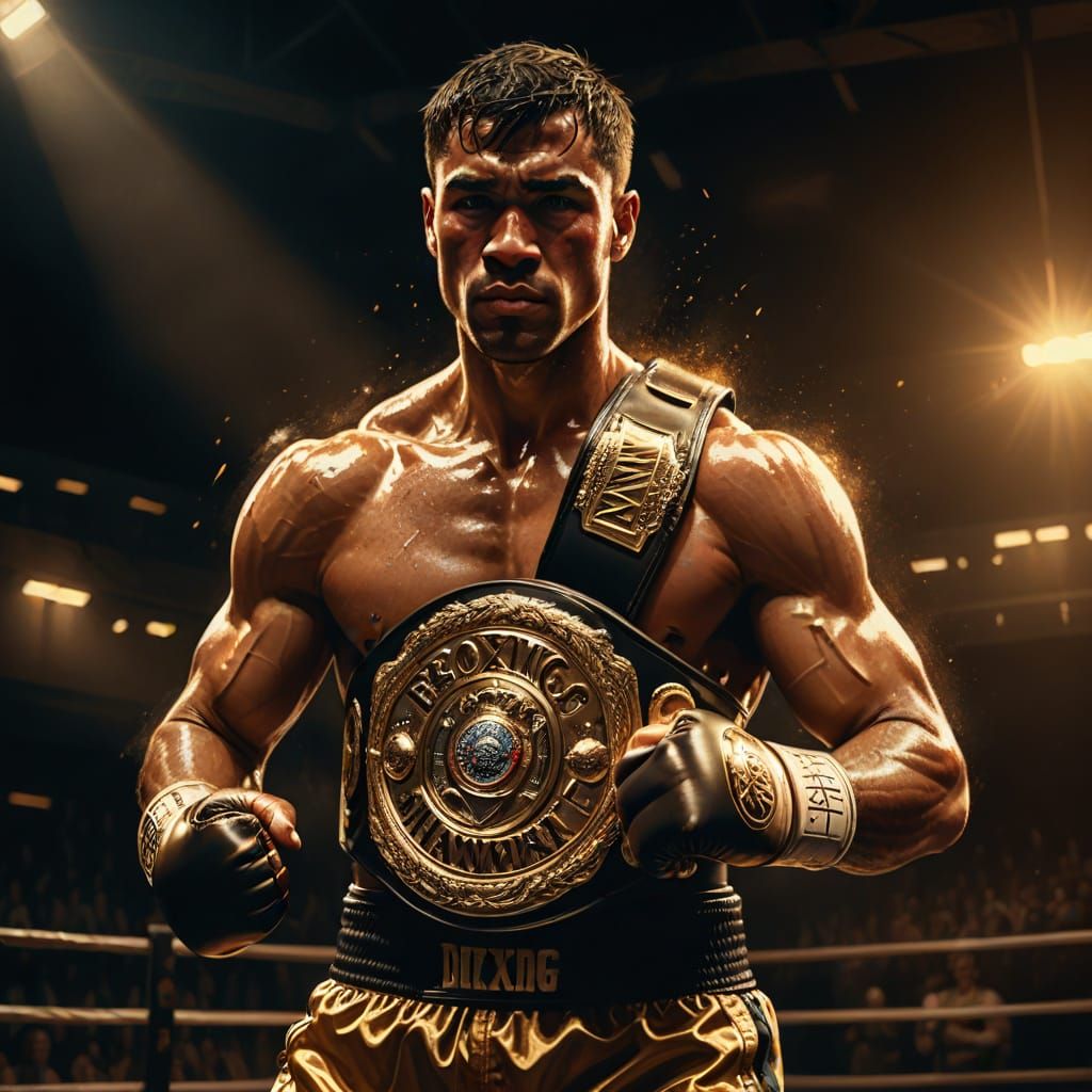 Boxing Champion in Dark Arena, Digital Oil Painting