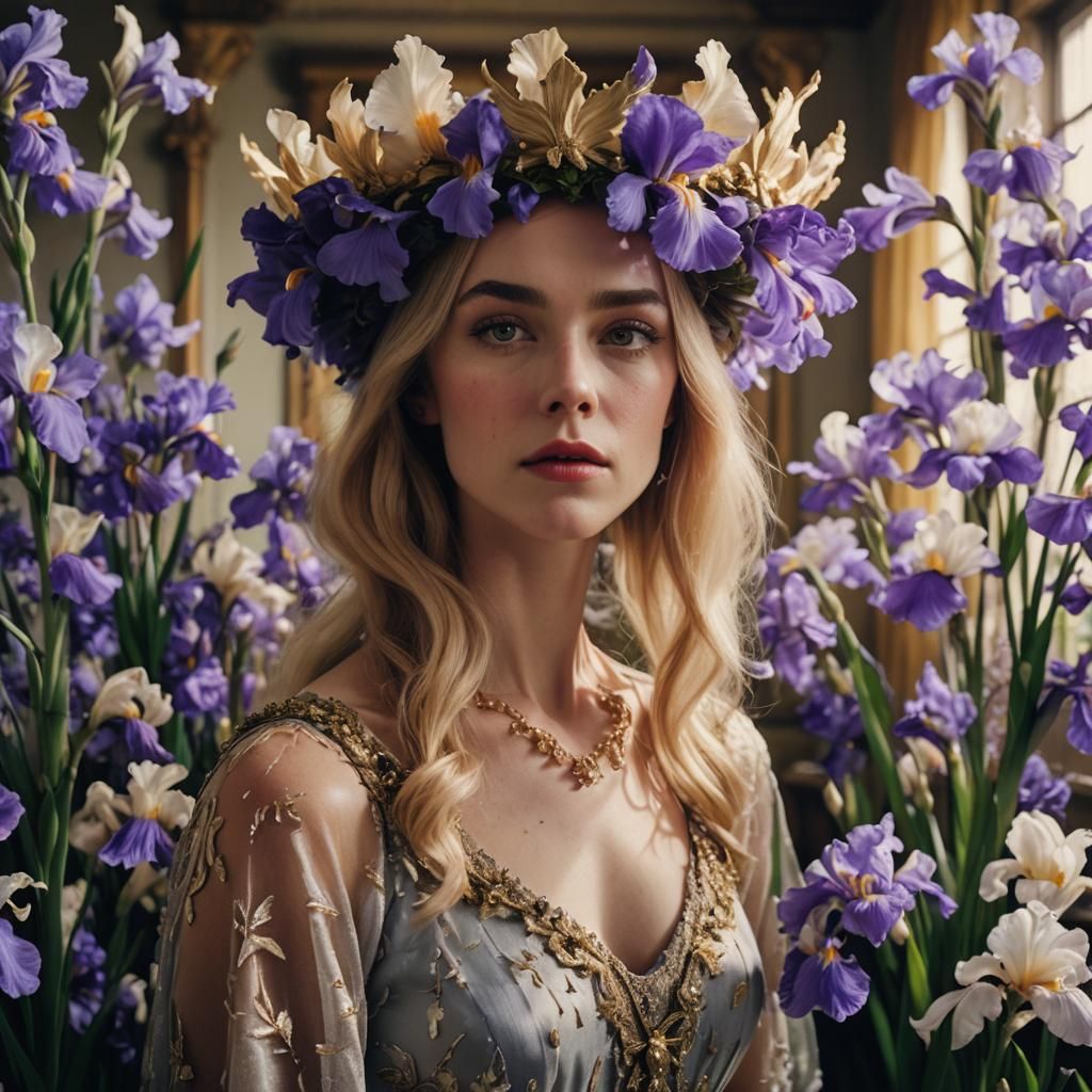 Iris Crowned Woman in Iris Filled Room