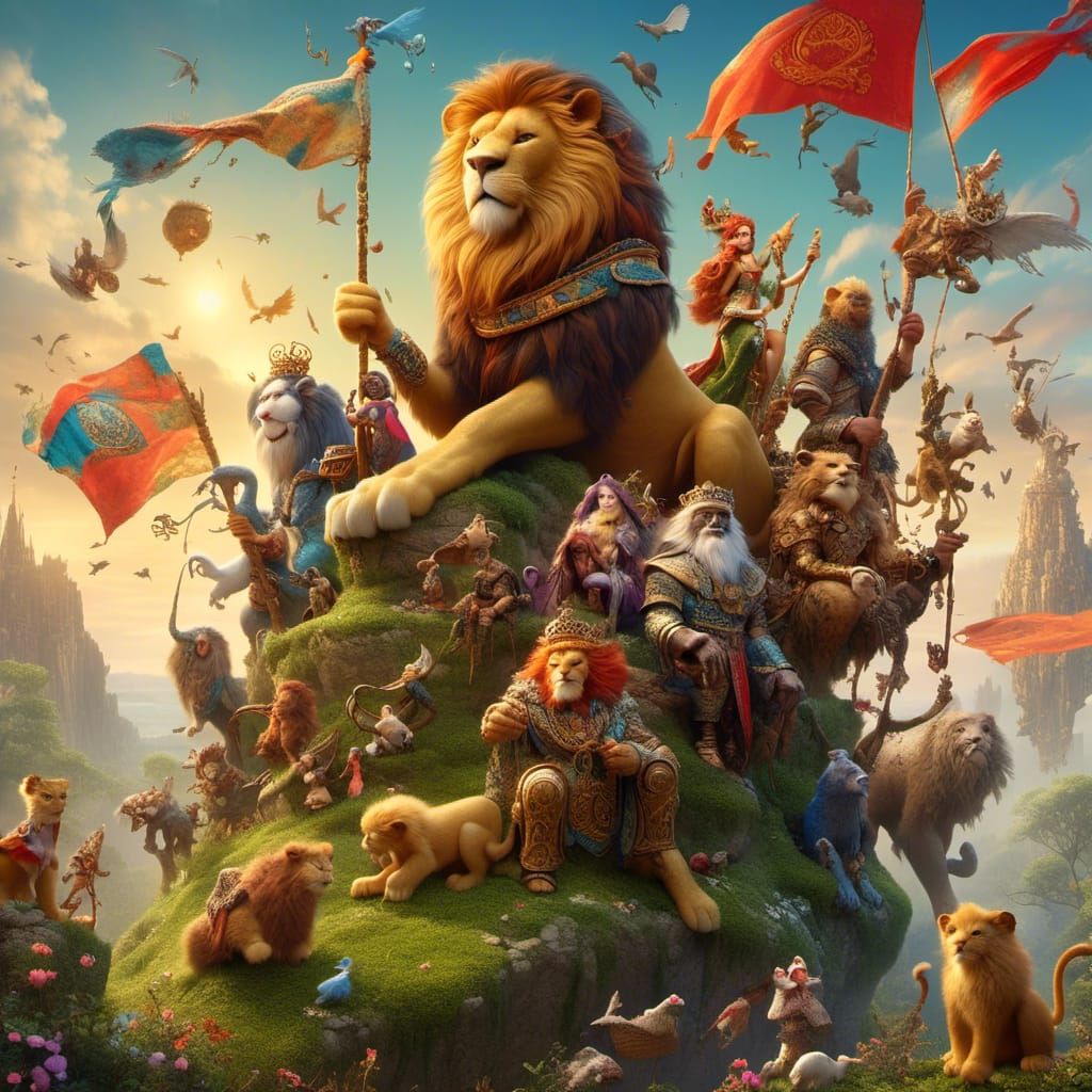 Lion King adorned in finery, ruling over his menagerie.