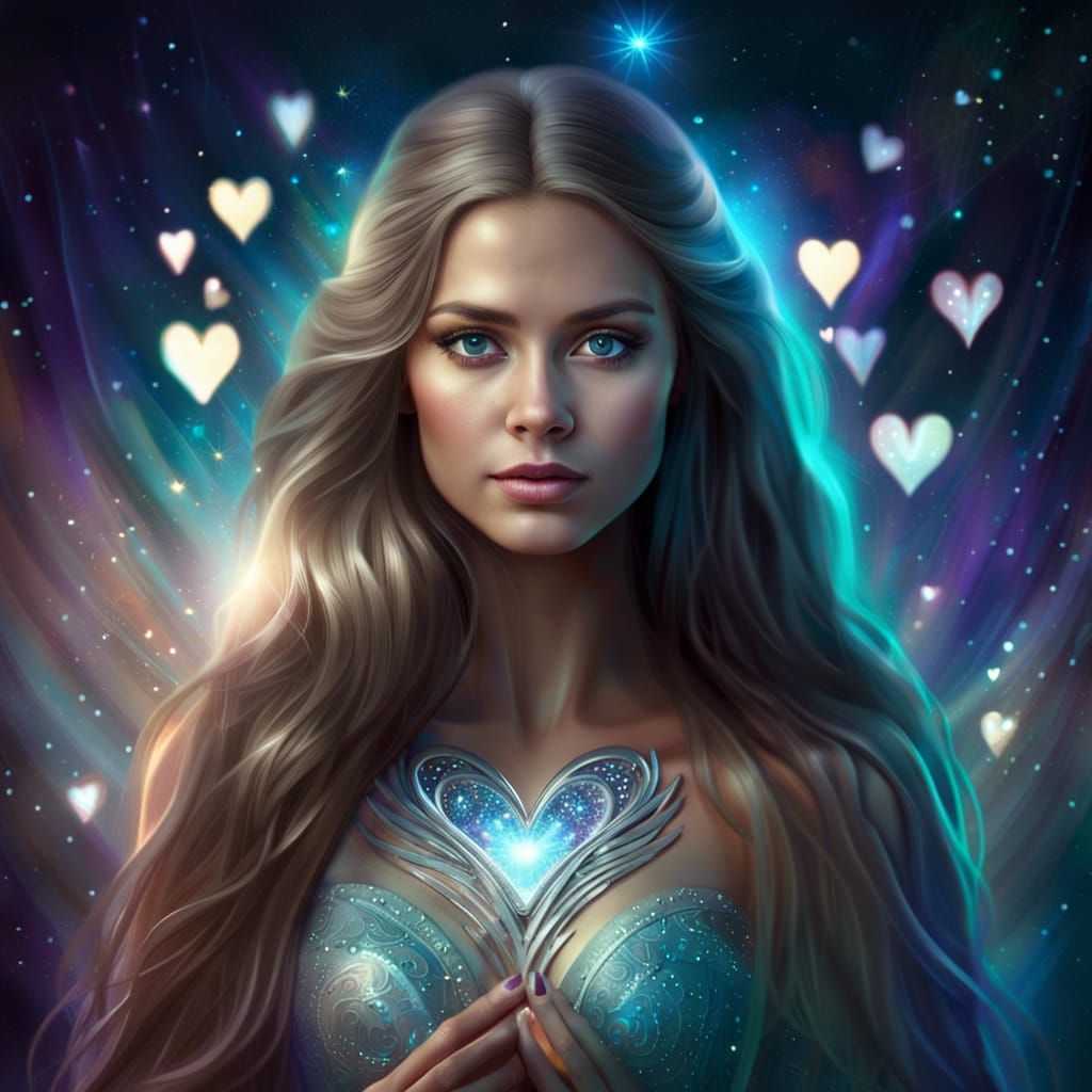 Woman with Aurora Borealis Heart, Digital Art