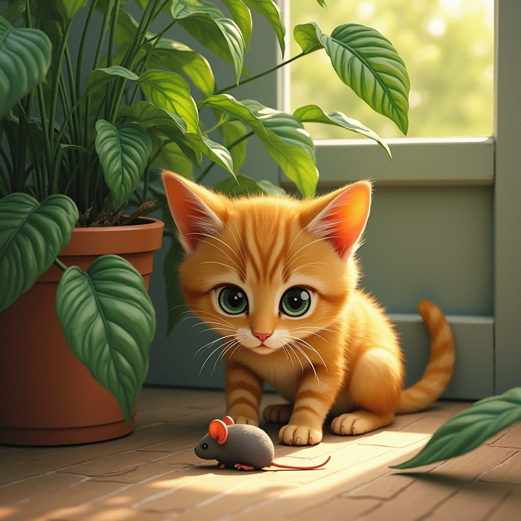Whimsical Cat Hides Behind Pot Plant, Ready to Pounce on Toy...