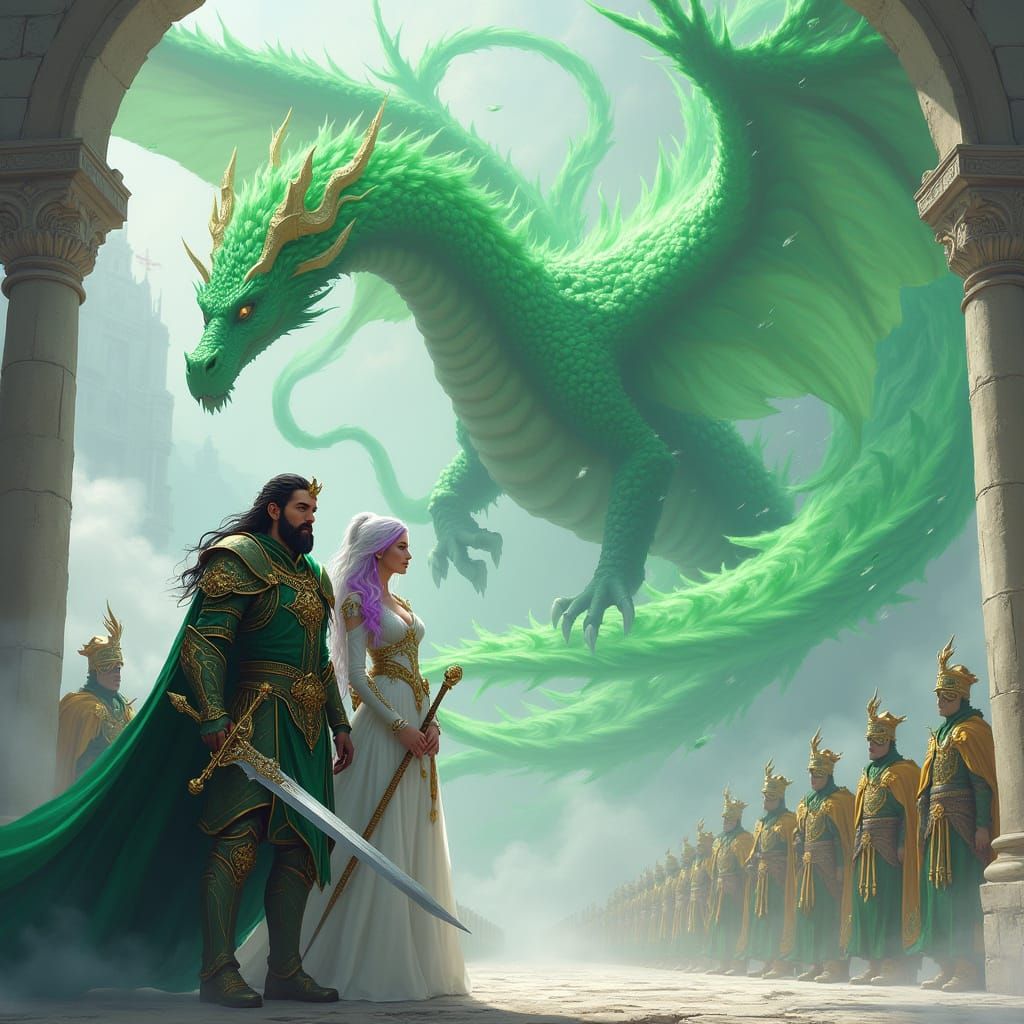 Regal Swordmaster with Emerald Crown and Dragon in a Fantasy...