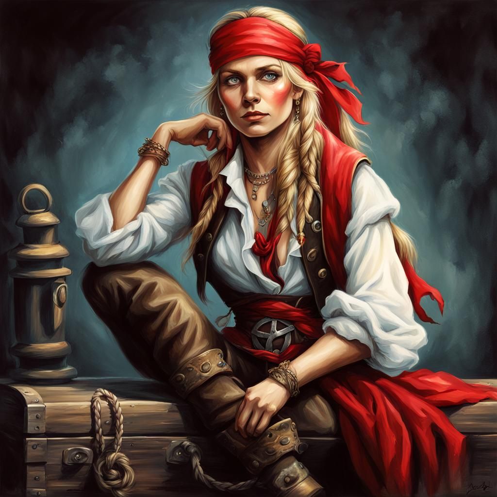 Airbrush Illustration of a Lady Pirate on Treasure Chest