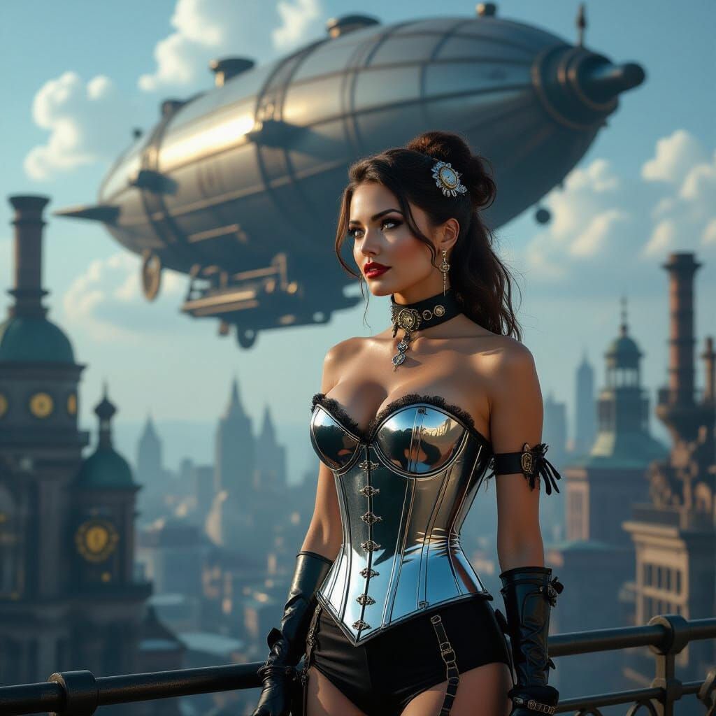 Steampunk Woman Gazing at Airship in Chrome Corset