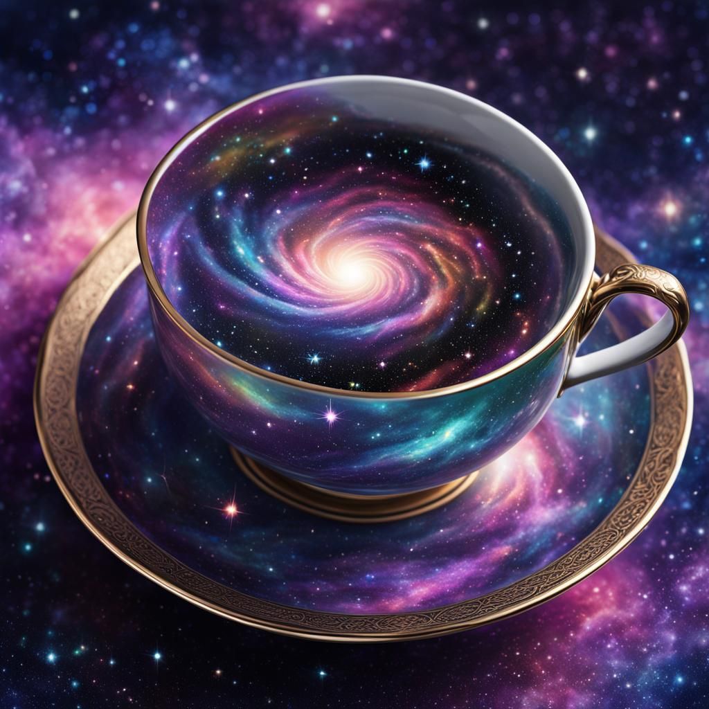 Dark Pastel Galaxy in Teacup: Holographic Illustration