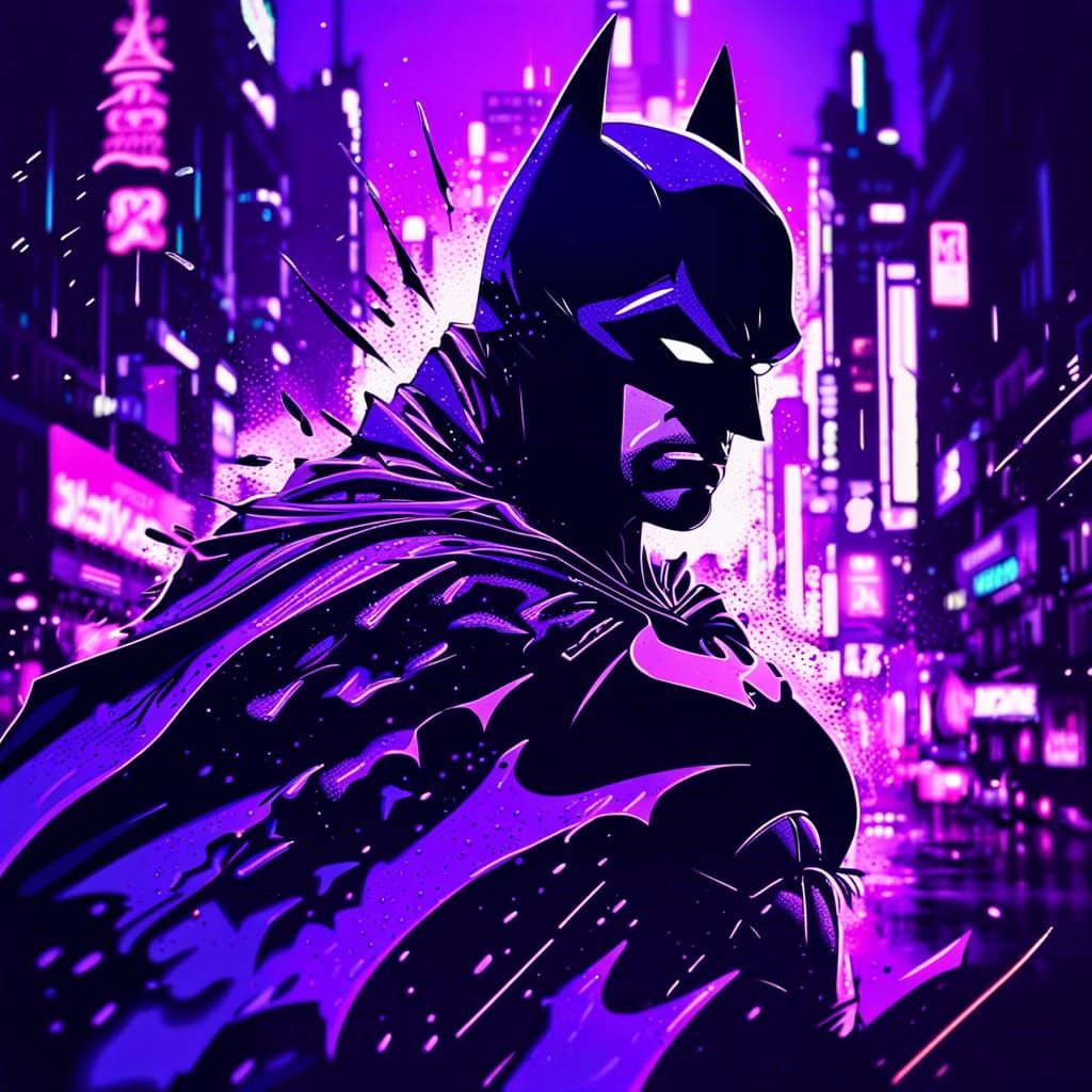 Batman Silhouette in Neon City, Japanese Art