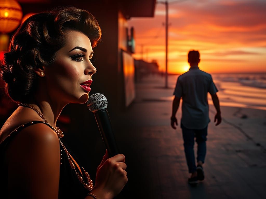 1950s Blues Singer Meets Sunset Lovers in Multi-Layered Mast...