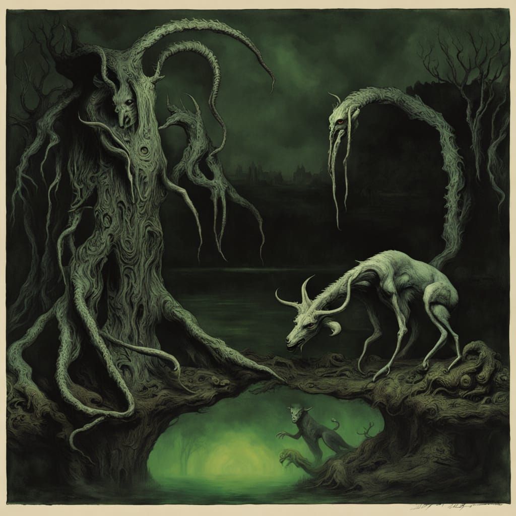 Eldritch Horror Scene with Demonic Goat and Werewolf