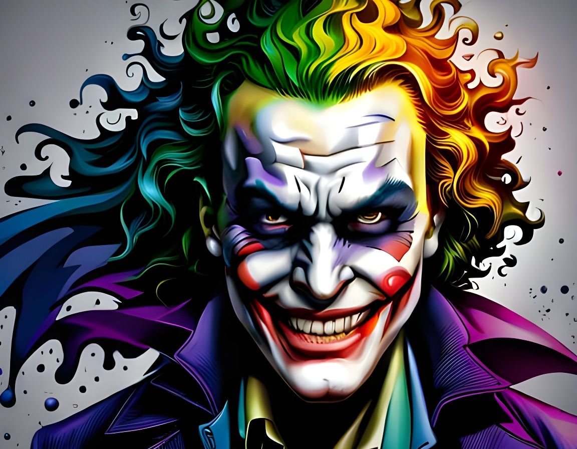 Biomechanical Joker Laughing in Rainbow Smoke