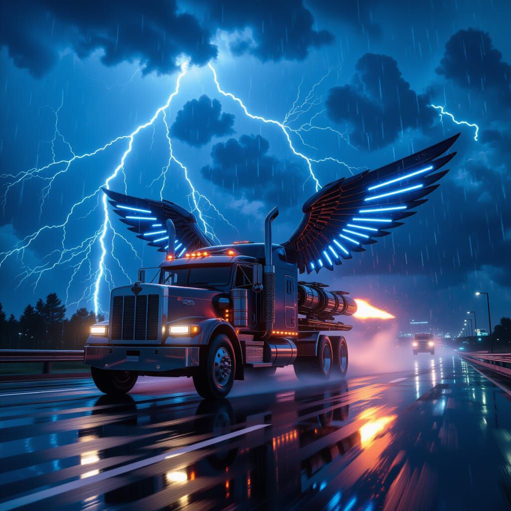 Cyberpunk Truck Transforms with Wings on Neon Highway