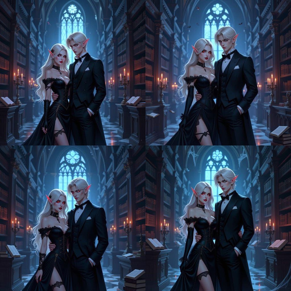 Eerie Romance: Vampire and Elf in Decaying Library