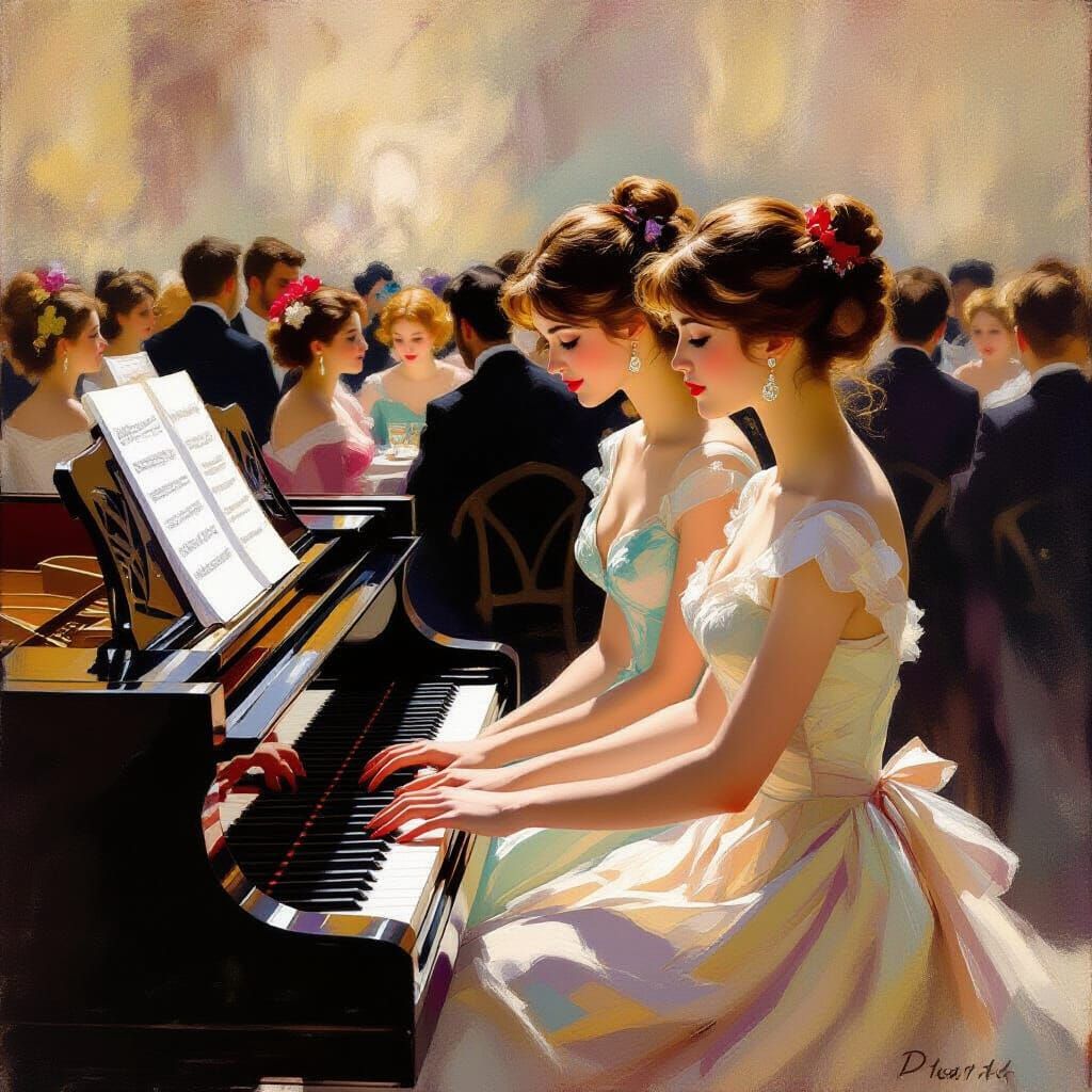 Impressionist Piano Scene with Two Young Women