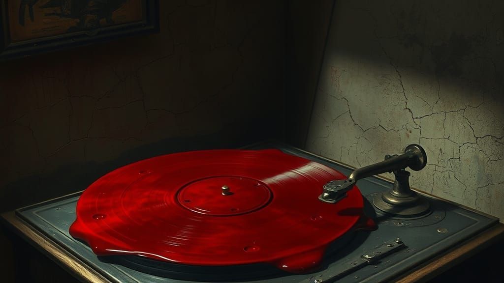 Surreal Record Melts on Vintage Player in Dark, Cracked Room