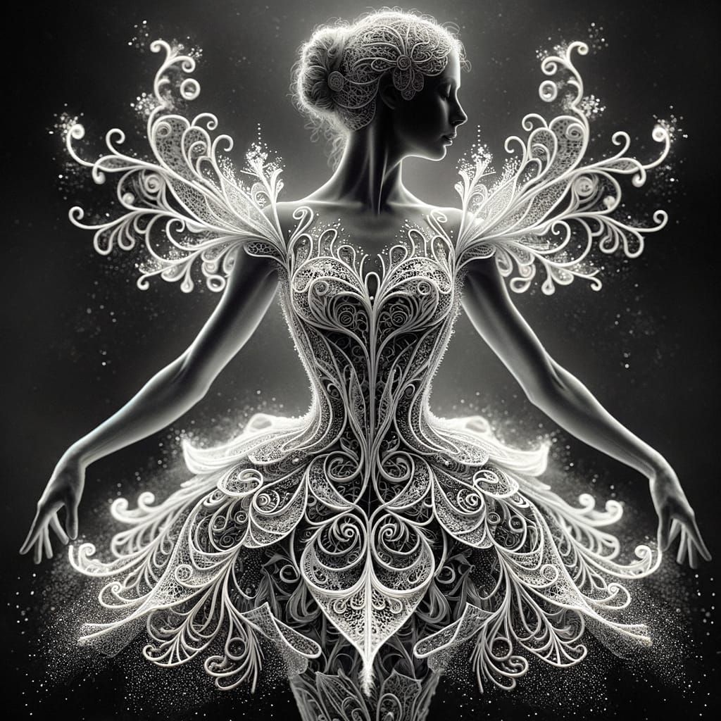 Ballerina in Fantastical Black and White Lace Outfit with Gl...