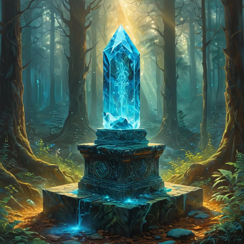 Glowing Crystal on Ancient Pedestal in Misty Forest
