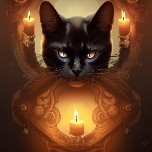 Mystical Black Cat Portrait with Skulls and Roses