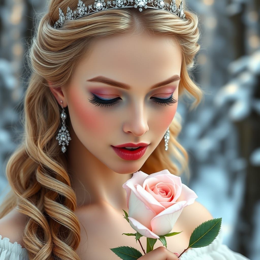 Young Renaissance Princess with Diamond Tiara and Rose