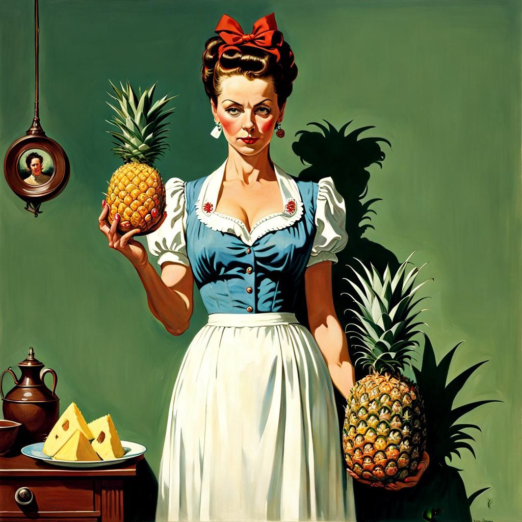 Housewife holding a pineapple by Norman Rockwell