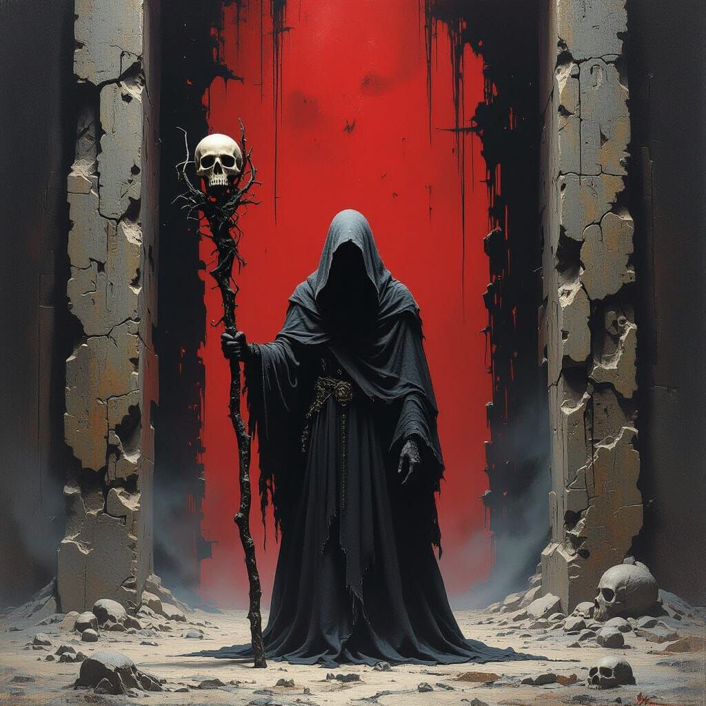 A lone figure stands before a colossal gate made of bone and...