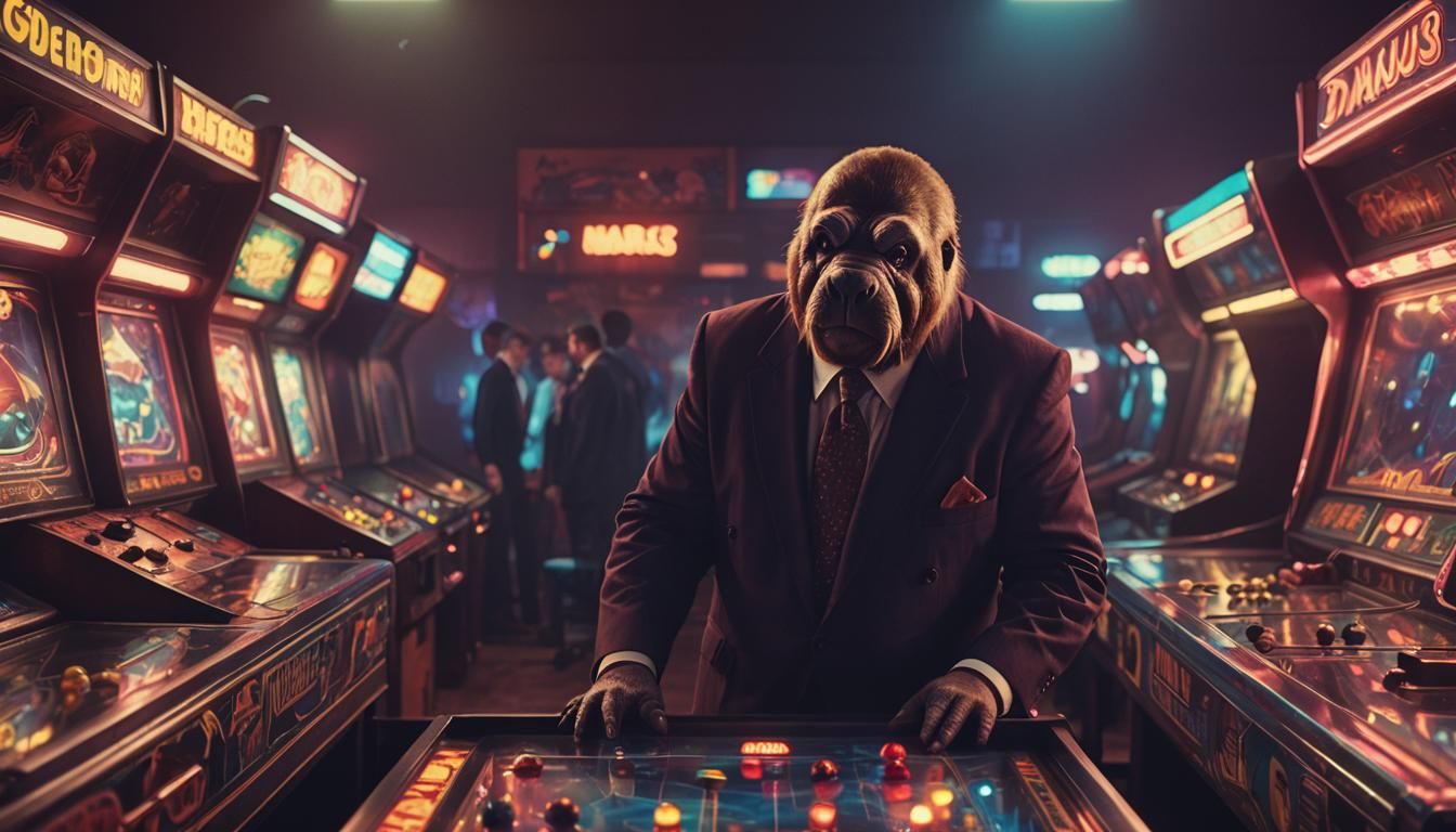 Walrus Plays Pinball in Retro Arcade