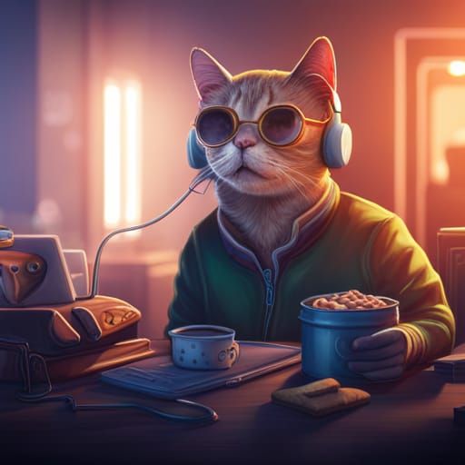 Sleeping Cat at Computer: Detailed Matte Painting