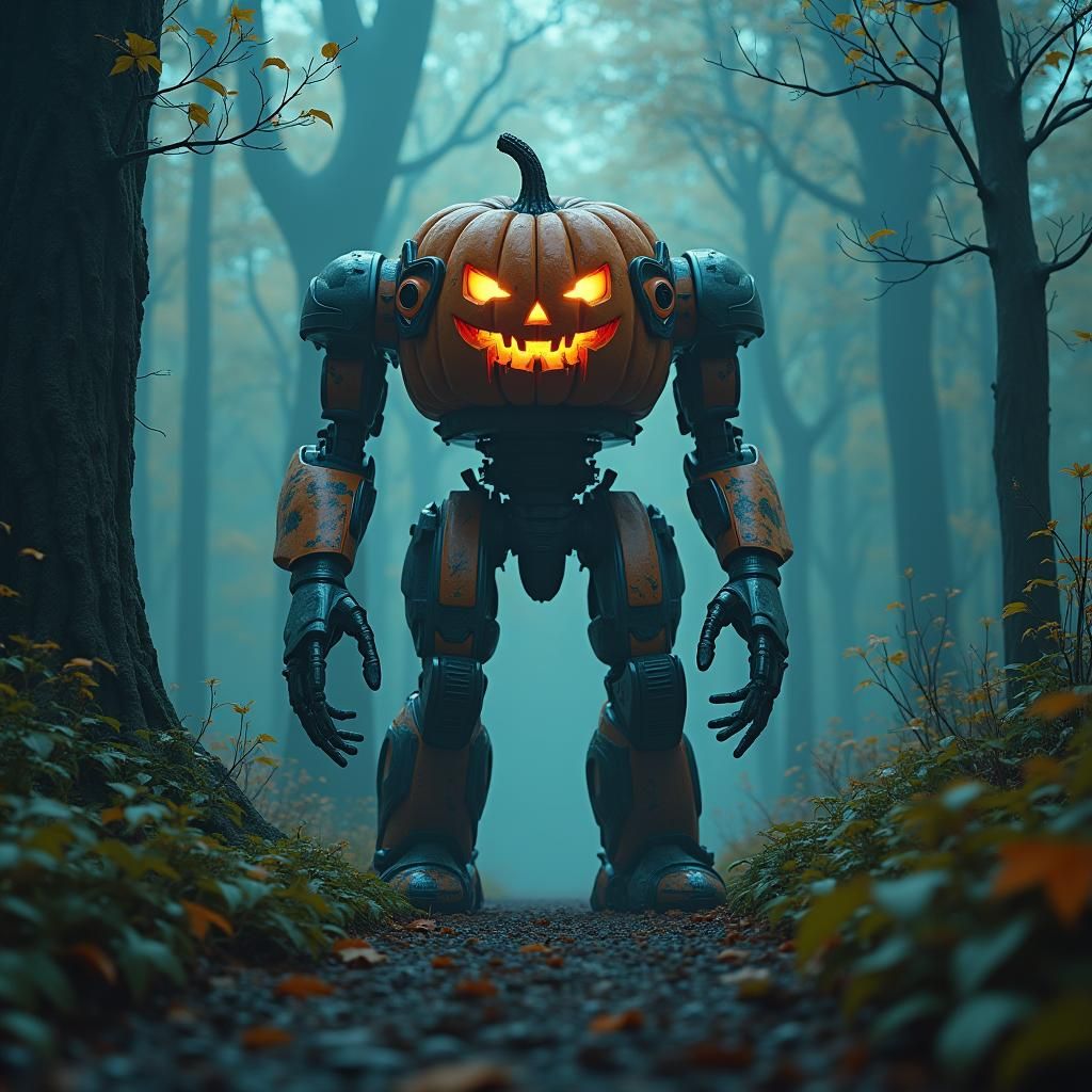 Killer Pumpkin Robot in Mystical Forest