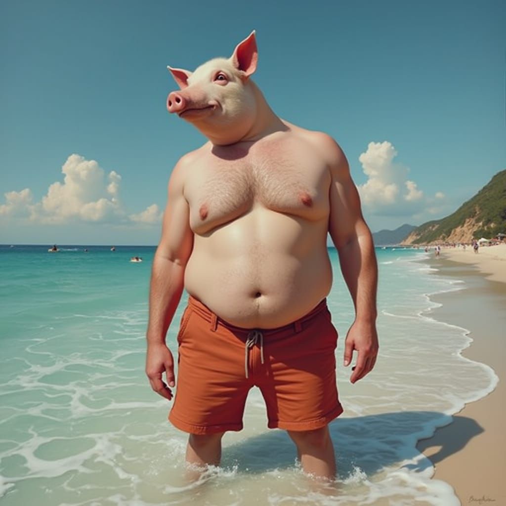 Anthropomorphic Pig Figure on a Sunny Beach