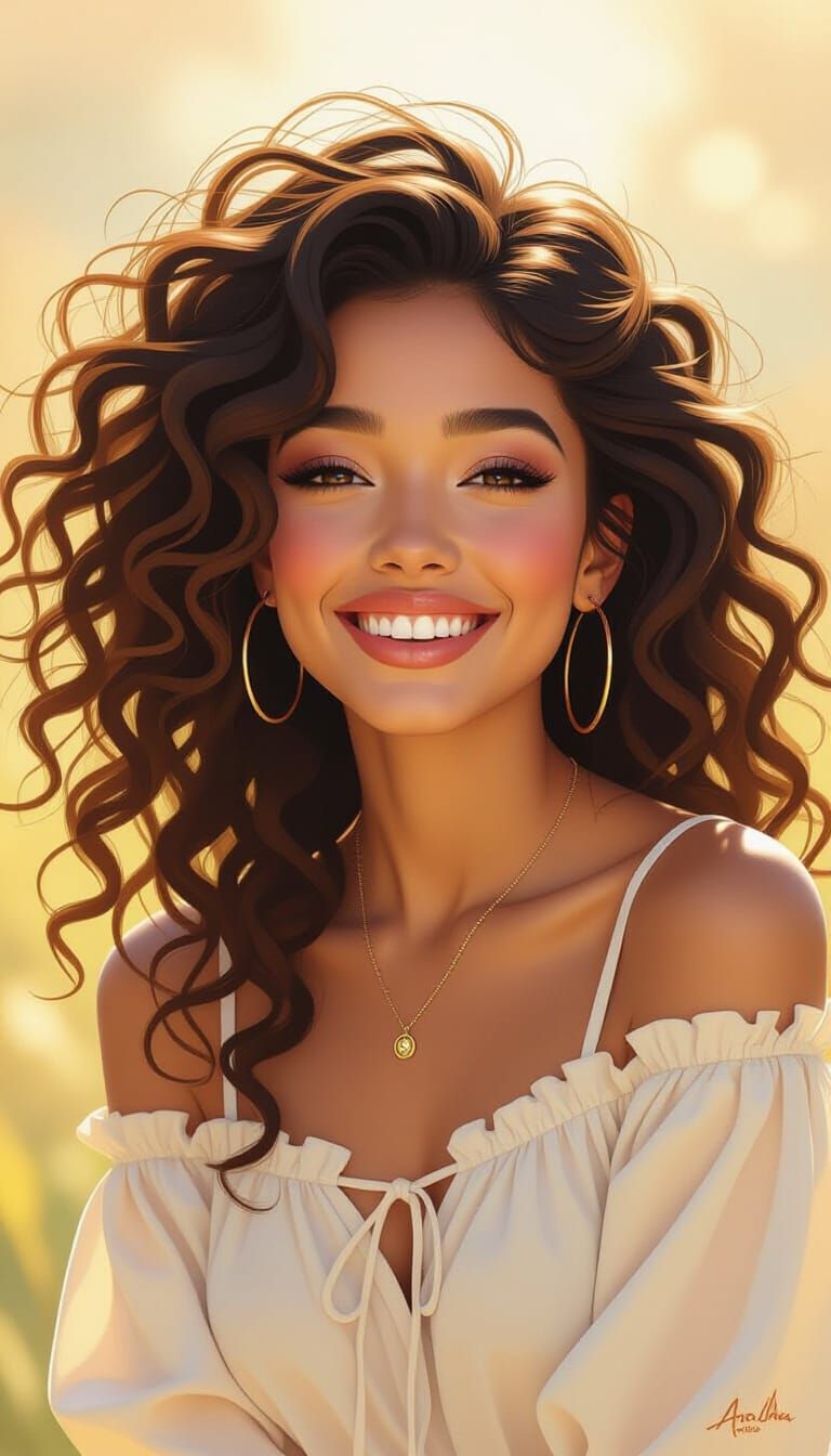 Woman with Curly Hair Smiling in Sunlight, Painterly Style