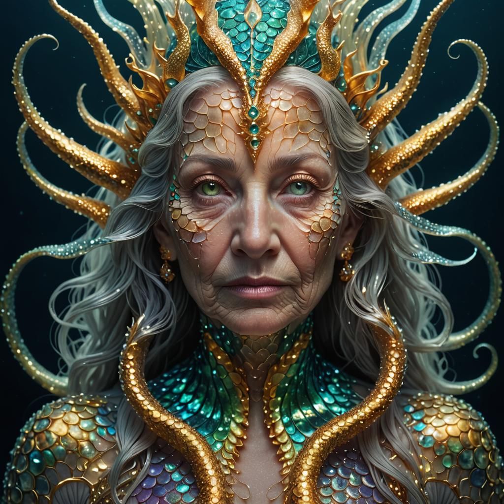 Spectacular Crystalline Mermaid with Bioluminescent Particle...