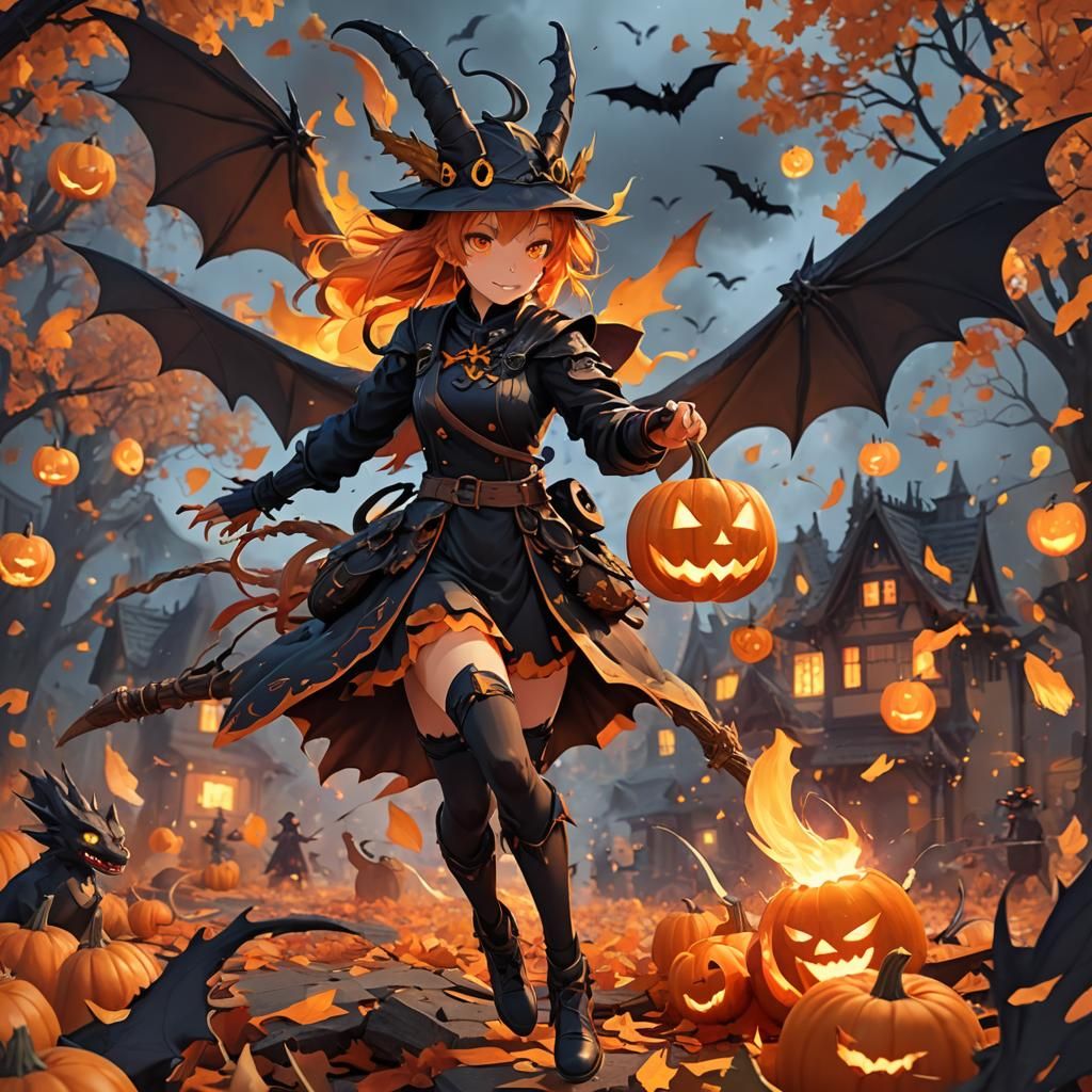 Dragon Pumpkinhead's Halloween Fire: 3D Anime Art