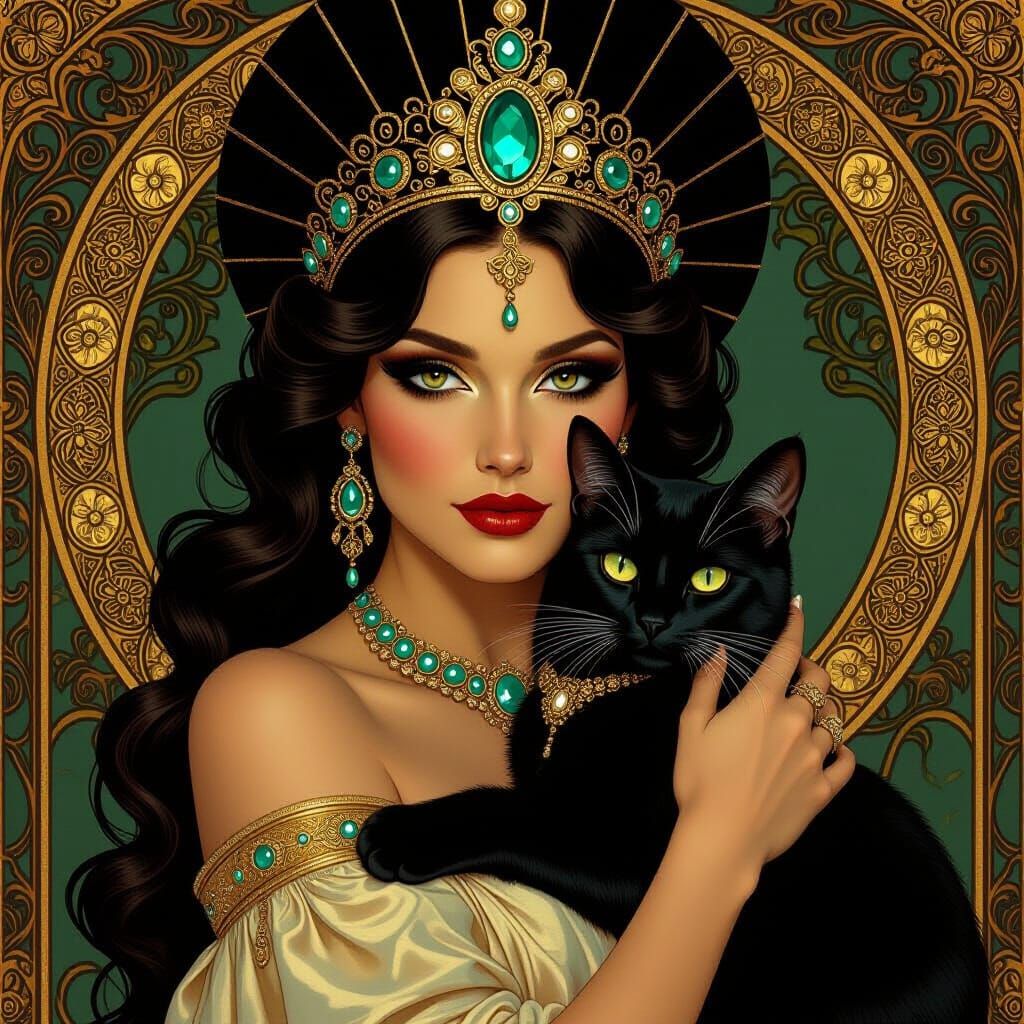 Regal Woman with Cat in Art Nouveau Style