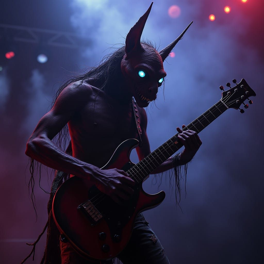 Furless Death Metal Shredder in Dark Concert Venue