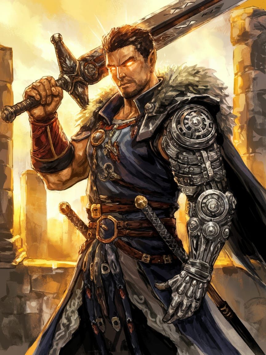 Fantasy Warrior with Clockwork Arm in Golden Sunlight