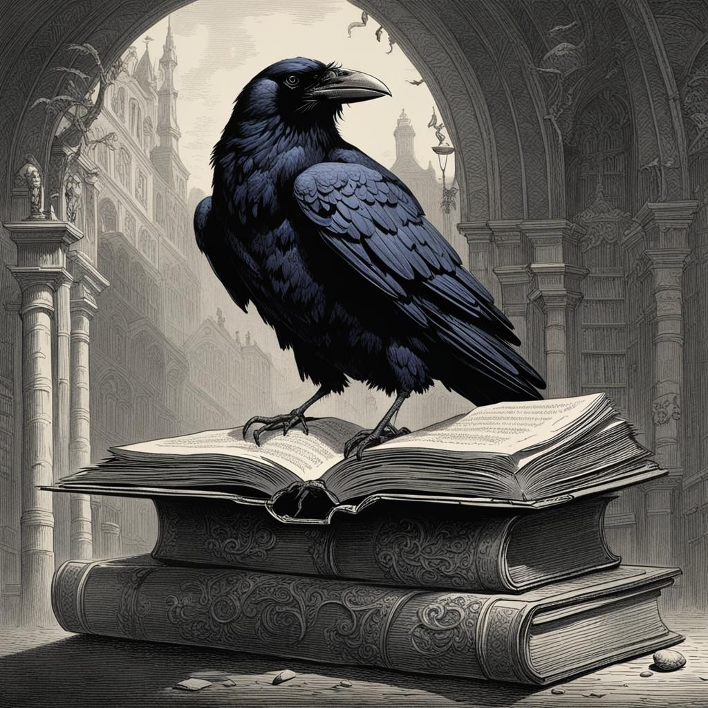 Raven Reads a Book in Horror Style