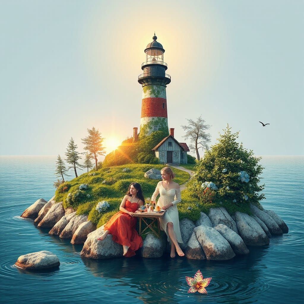 Enchanted Lighthouse Scene with Fairies, 3D Rendered