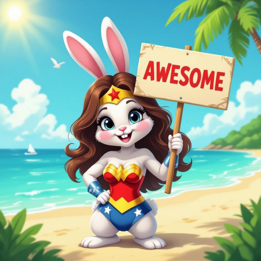 Wonder Woman Rabbit on Sunny Beach