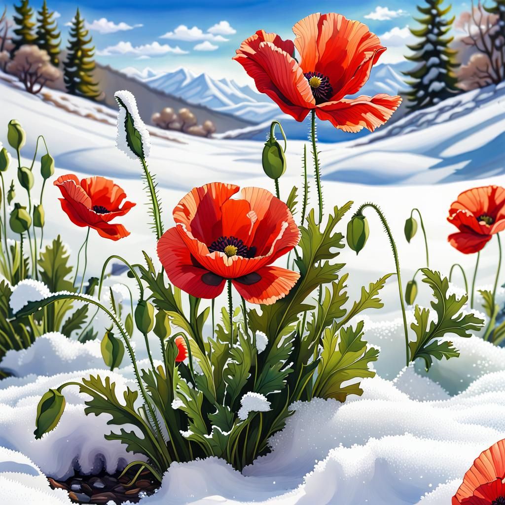 Red Poppy Emerges from Snow: Watercolor Art