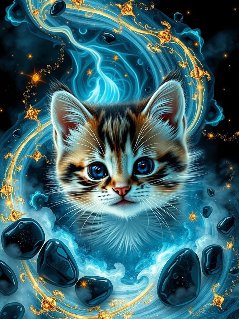 Happy Kitten in Bioluminescent Swirls: 8K Ethereal Art