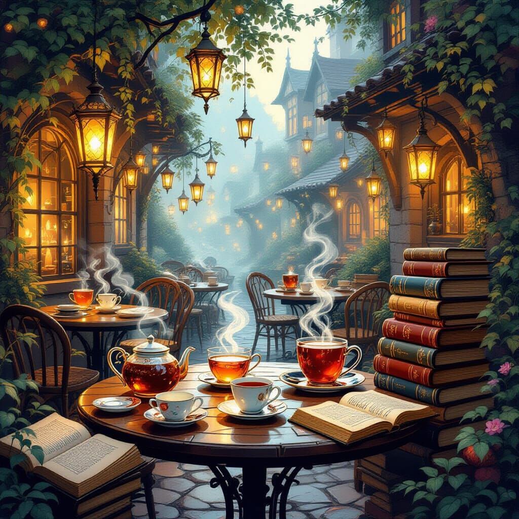 Mystical Cafe Illustration with Floating Lanterns and Magic
