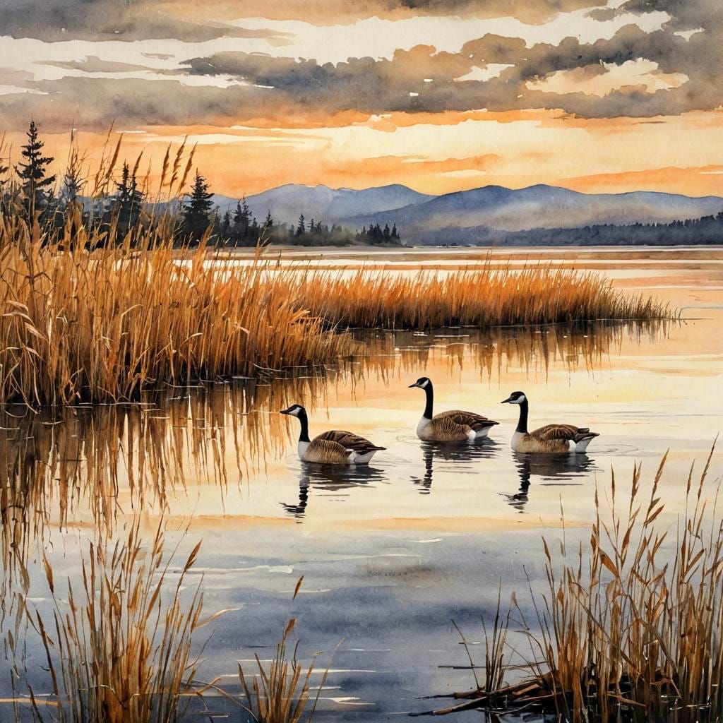 Watercolor Sunset Landscape with Canadian Geese