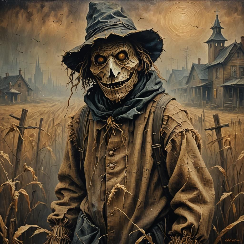 Creepy Scarecrow Stalks Silently in Surreal Oil Painting