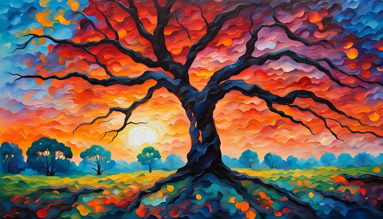 Tree Silhouettes at Sunrise in Expressionist Style