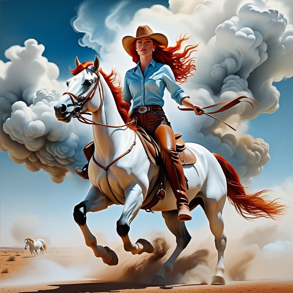Cowgirl on White Horse: Surreal Modern Art