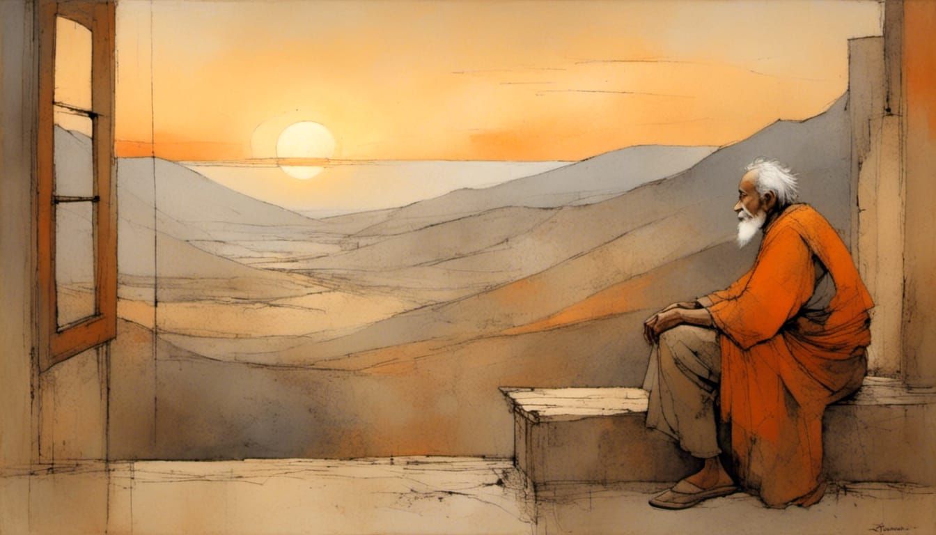 Contemplative Old Man Gazing at Sunset Landscape