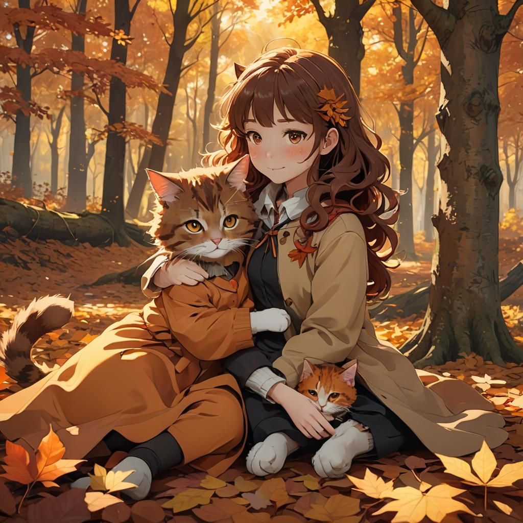 Girl and Cat in Autumnal Anime Forest