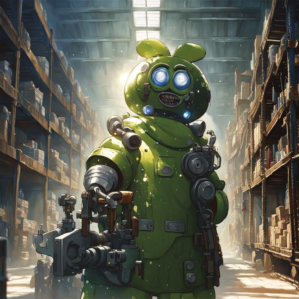 Anime Android in Dimly Lit Warehouse