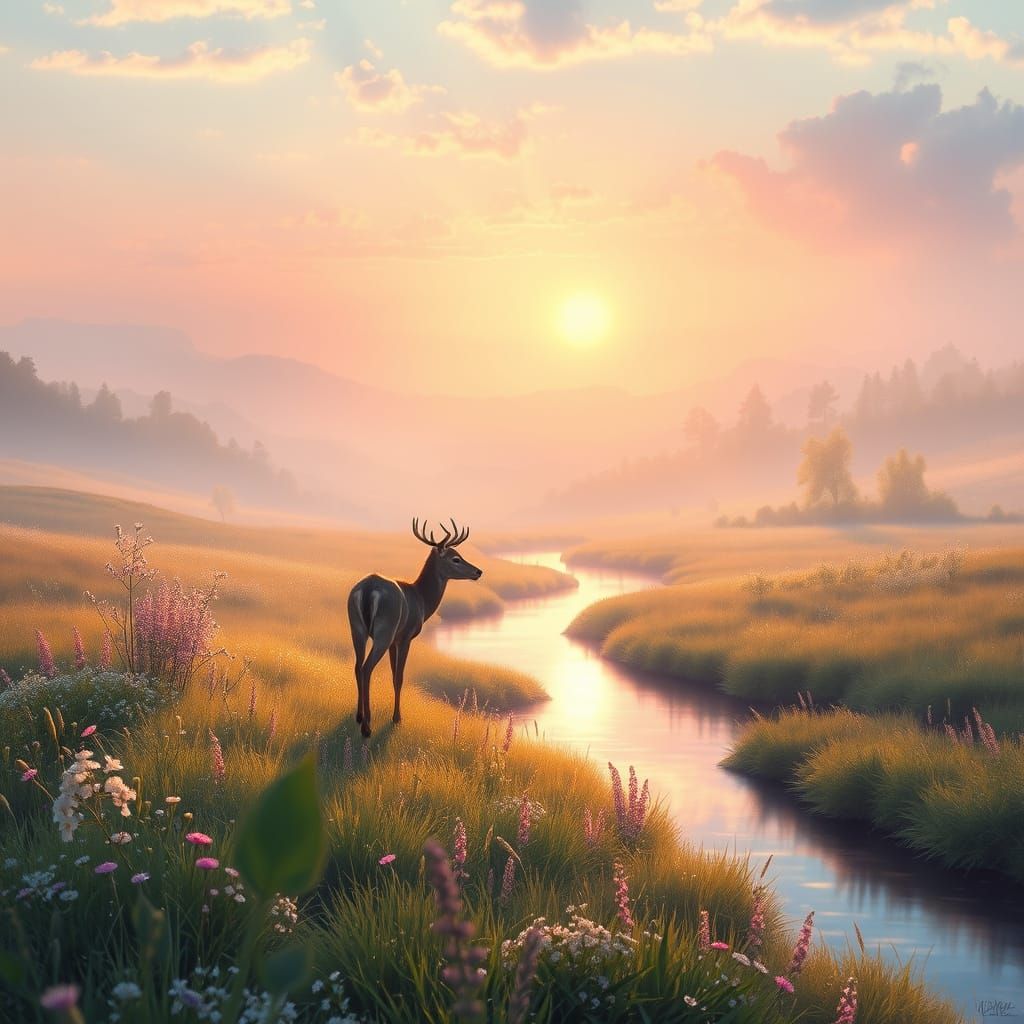 Dawn Meadow with Deer in Classical Realism Style