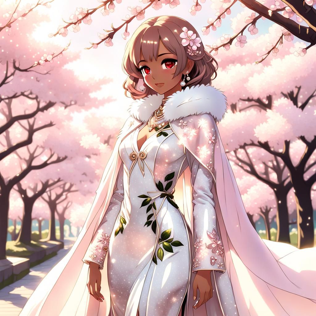 Anime Woman in Pink Gown with Cherry Blossoms
