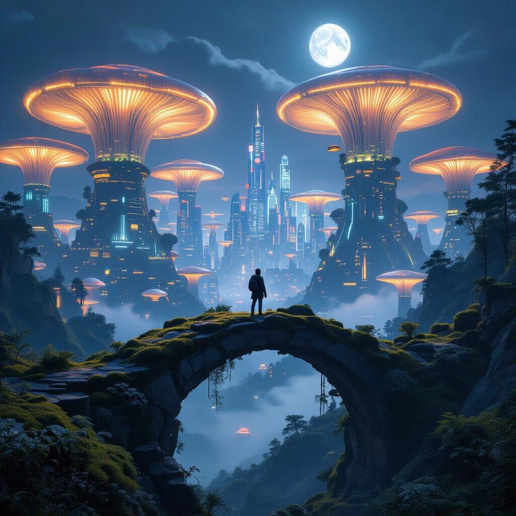 Explorer Overlooks Futuristic City in Bioluminescent Fungal ...