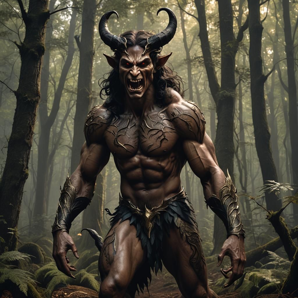 Incubus in Shadowy Forest: Hyperrealistic Long Shot